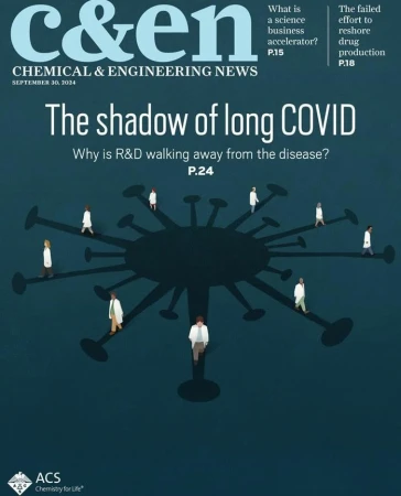 Cover of Chemical & Engineering News shows illustrated figures walking away from a dark coronavirus shadow, on a teal background.