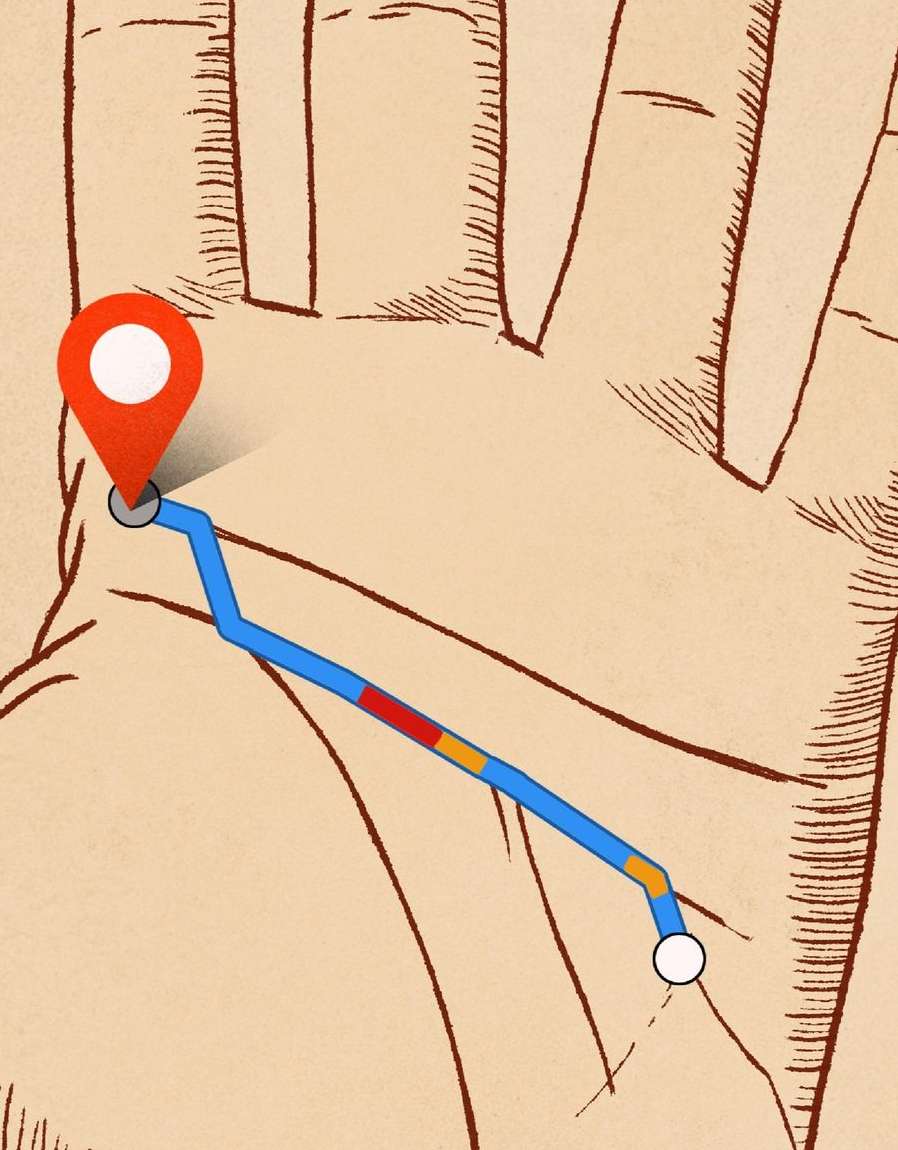 Palm reading illustration with drawn hand, blue route line, and location pins on beige textured background, art for palmistry.