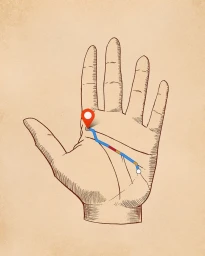 An illustration of an open human palm with a red map pin marker and a blue route line overlaid on the palm lines.