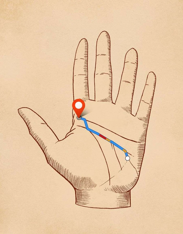 Digital illustration of an open palm with palmistry lines transformed into a navigation route with a red map pin.