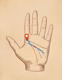 Digital illustration of an open palm with palmistry lines transformed into a navigation route with a red map pin.