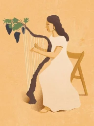 Digital illustration by Elia Sampo of a woman in a white dress playing a harp made of grapevines against a textured beige background.