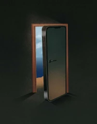 An illustrative digital artwork showing a smartphone acting as an open doorway to a sea view, created by Elia Sampò.