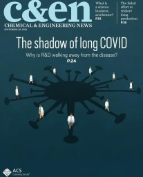 Chemical & Engineering News magazine cover illustration by Elia Sampo for The shadow of long COVID featuring small figures walking on virus spike paths
