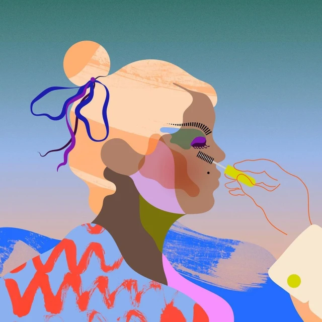 Illustration of a woman in profile getting makeup applied with bright colors and abstract style, artwork for the beauty industry.