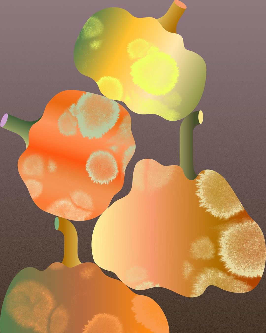 Illustration of four abstract pumpkins in yellow and orange hues against a brown background with round spots on the pumpkins.