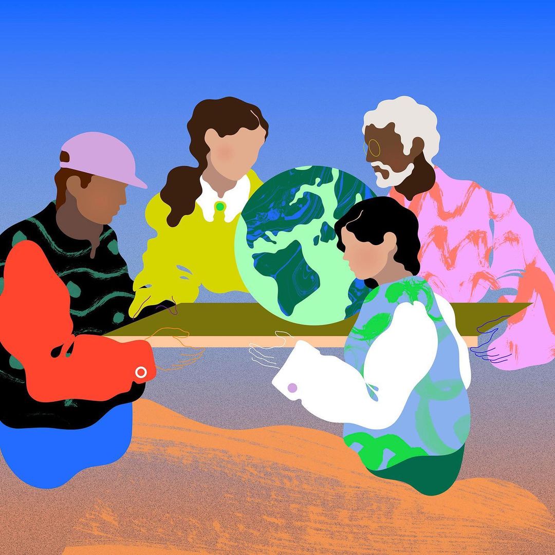 Illustration of five people surrounding a table with a globe, rendered in colorful, flat vector art against a blue and tan background.