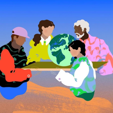 Illustration of five people surrounding a table with a globe, rendered in colorful, flat vector art against a blue and tan background.