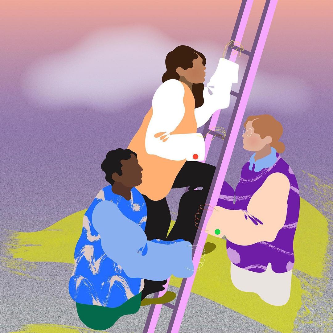 Illustration of three people of diverse ethnicities collaborating on a pink ladder in a pastel-colored outdoor setting with a painterly style.