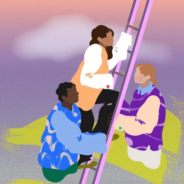 Illustration of three people of diverse ethnicities collaborating on a pink ladder in a pastel-colored outdoor setting with a painterly style.