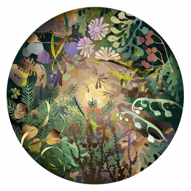 Detailed illustration of a colorful, cartoonish forest scene in a circular composition featuring various plants and insect life.