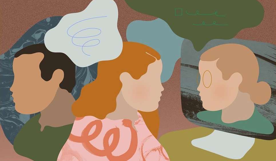 Illustration of three people in profile, with speech bubbles above their heads, set against an abstract background of brown and blue tones.