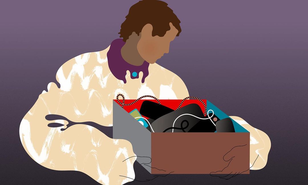 Illustration of a person looking into a box filled with black items, depicted with an art style against a purple background.