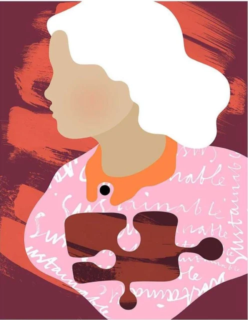Conceptual art illustration of a side-profile view of a woman with blonde hair and a puzzle piece-shaped cut-out in her pink shirt.