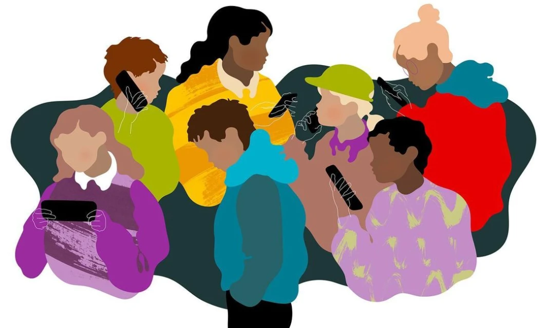 Digital illustration of group of diverse people using digital devices like tablets and cell phones, social technology illustration art.