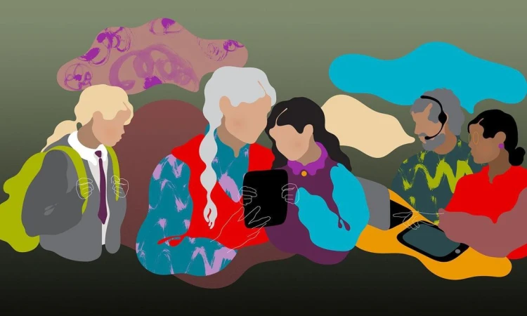 Digital illustration depicting a diverse group of people, including children and adults, using digital tablets in a modern, graphic style.