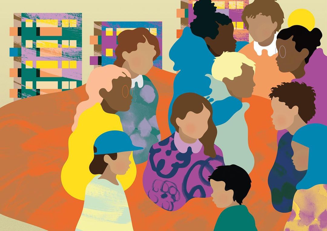 Illustration of diverse children in discussion, rendered in a flat, graphic style with blocky shapes and a warm color palette against a building backdrop.