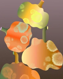 Digital illustration of four colorful gourd-like shapes with mottled textures against a gradient background by Elin Svensson.