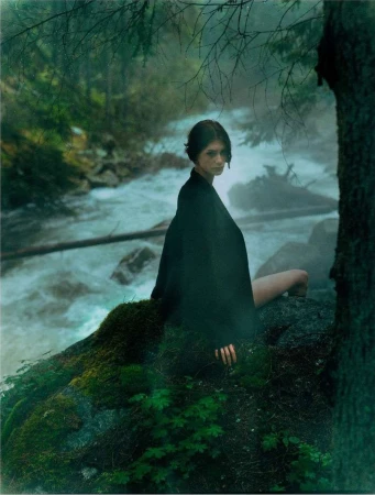 A woman in a dark cloak sits on a mossy rock in a misty forest stream, with a serene gaze and soft, diffused lighting.
