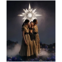Three female models in ruffled dresses standing beneath a glowing star installation with dark hazy background