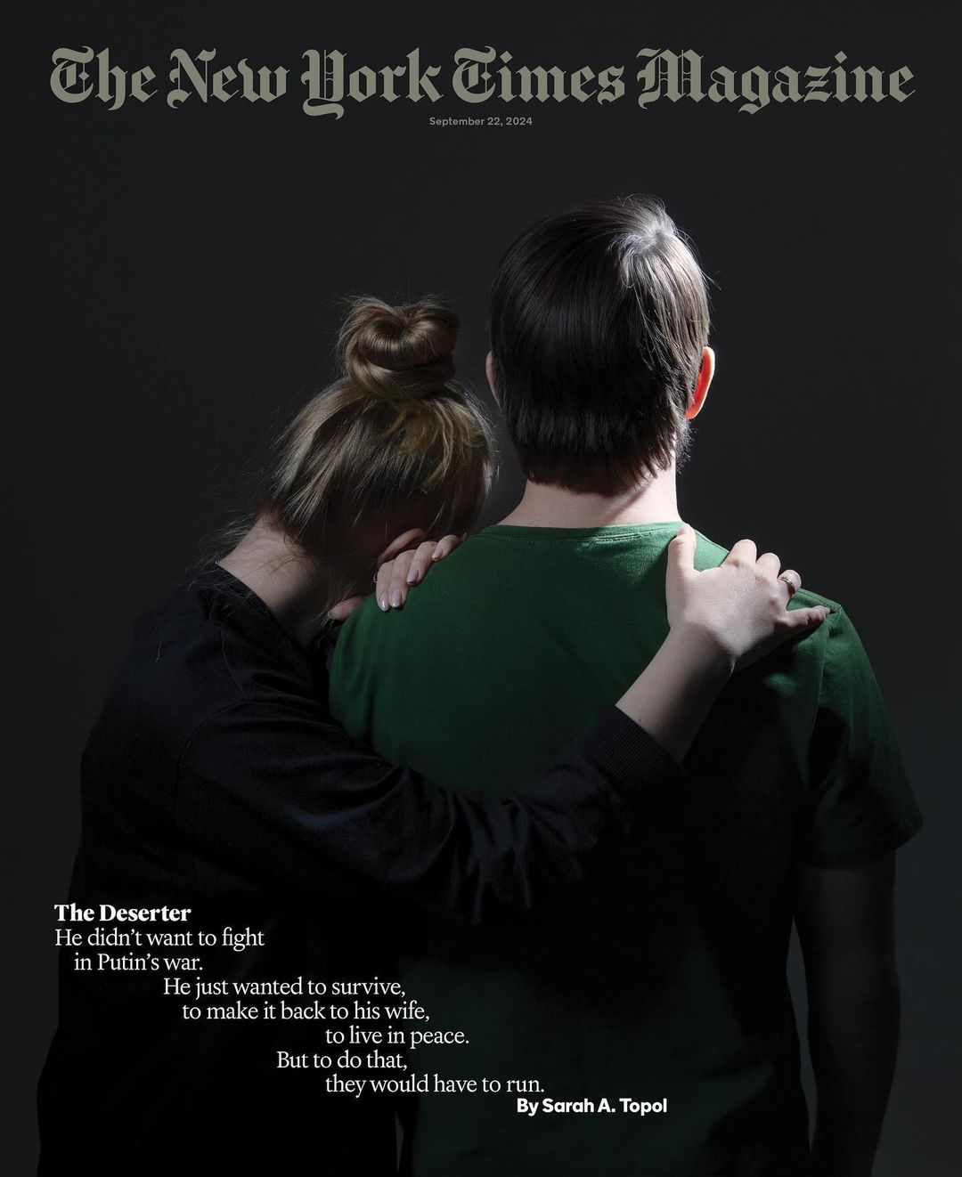 New York Times Magazine cover featuring a woman embracing a man from behind, in a dimly lit setting with visible text.
