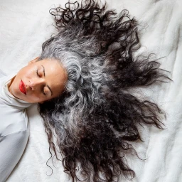 Portrait of a woman with long dark and grey curly hair lying down with eyes closed, wearing a white turtleneck and red lipstick.