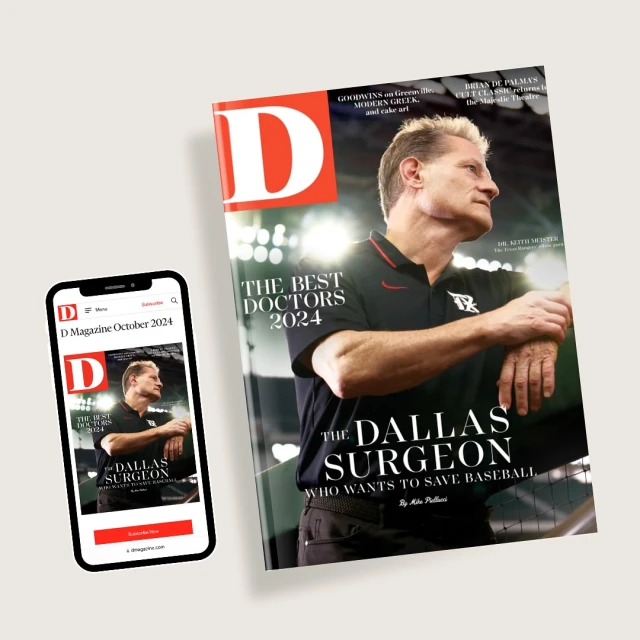 D Magazine cover featuring a male surgeon in athletic wear with a smartphone displaying the same cover, against a neutral background.