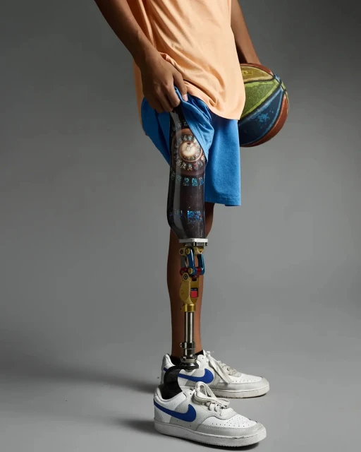 Young man stands in a studio with a basketball and a decorative prosthetic leg, wearing athletic shorts and sneakers.