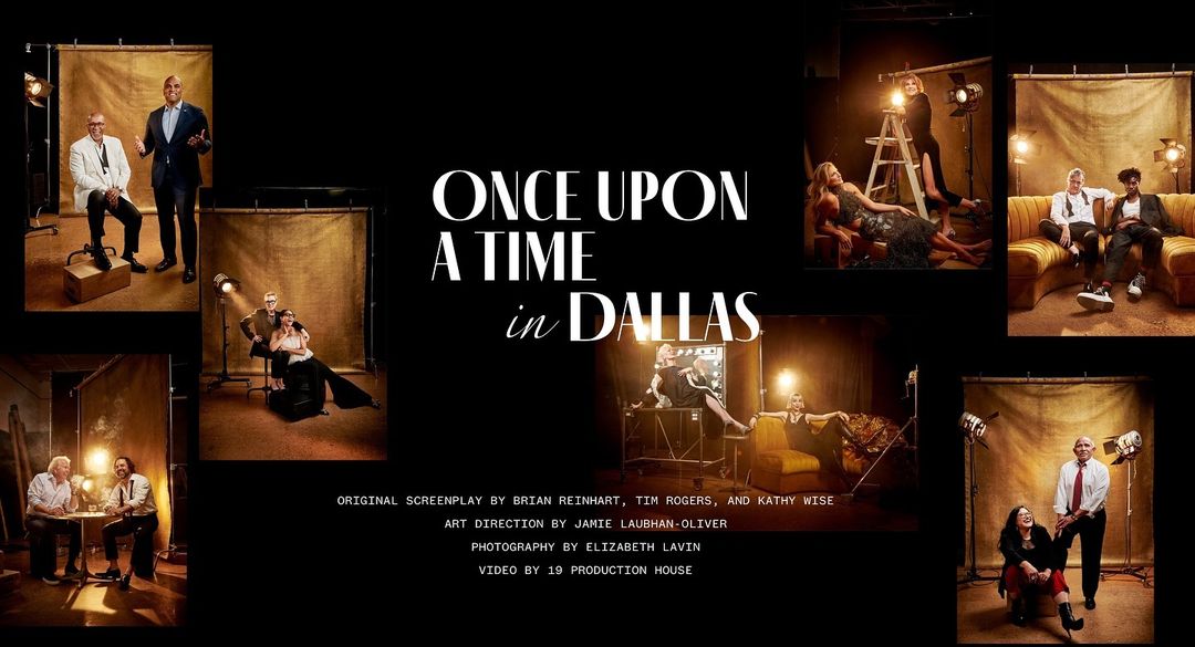 Collage of photos featuring the cast and crew of 'Once Upon a Time in Dallas' in a photo studio setting with warm, professional lighting.