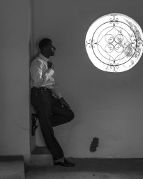 Black man in a white button-down shirt and dark trousers leaning against a wall by a round window