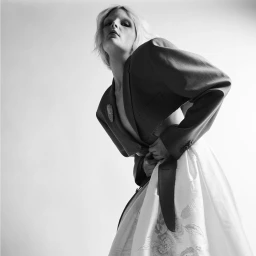 Model in dark blazer and white embroidered skirt posing against a plain background in a dramatic low-angle fashion portrait.
