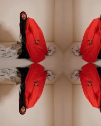 Symmetrical mirrored portrait of a woman wearing a long red coat and headband in a corner room