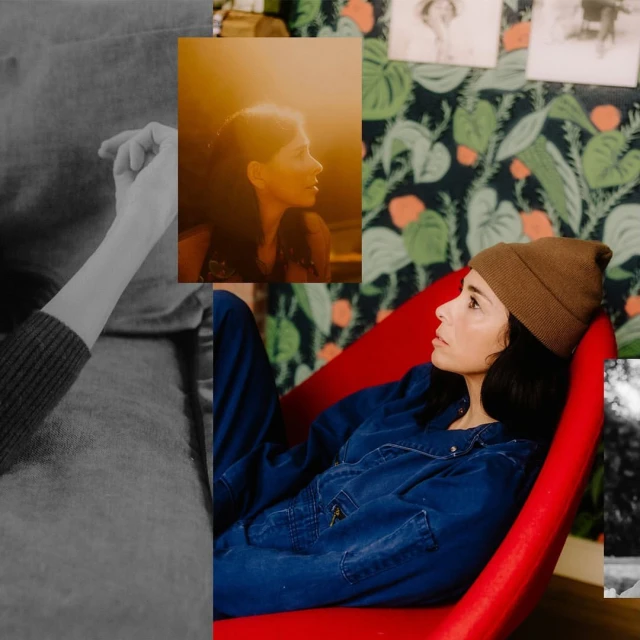 Woman in blue jumpsuit and beanie sitting on a red chair against a botanical wallpaper, collage of various images.