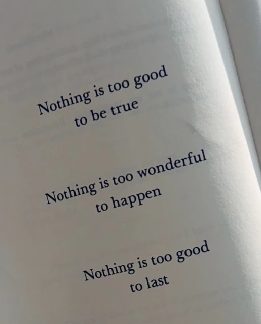 Pages of a book with printed text "Nothing is too good to be true," "Nothing is too wonderful to happen," and "Nothing is too good to last."