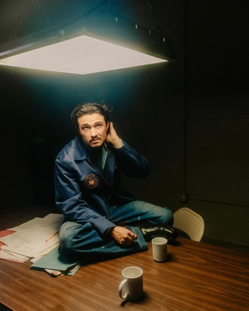 Adult male with mustache poses, seated on table with documents, under bright light in dark room. Wearing blue jacket, looking up.