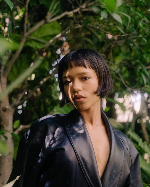 Portrait of a woman with short black hair wearing a black leather coat standing in a verdant forest with a shallow depth of field.