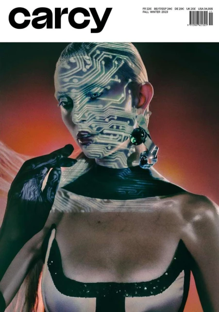 Magazine cover featuring a woman with circuit board design on her face, adorned with statement earring. The image has a futuristic, editorial feel.