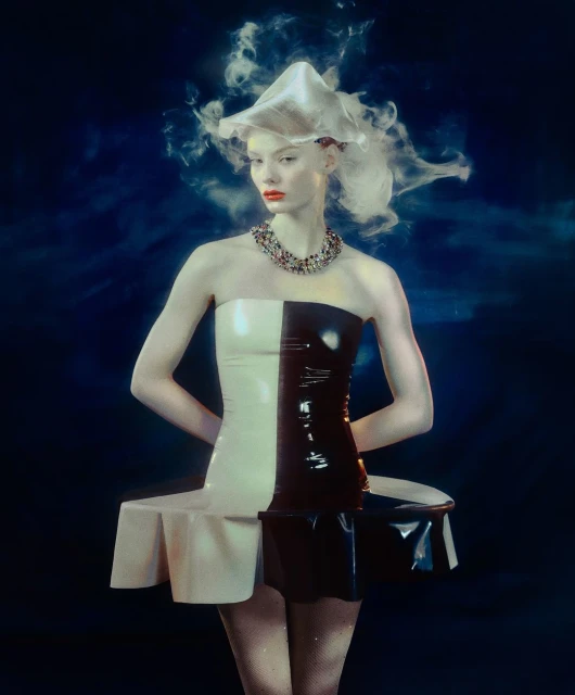 A fashion portrait features a fair-skinned model in a two-tone strapless dress with a sculptural hat against a dark blue background.