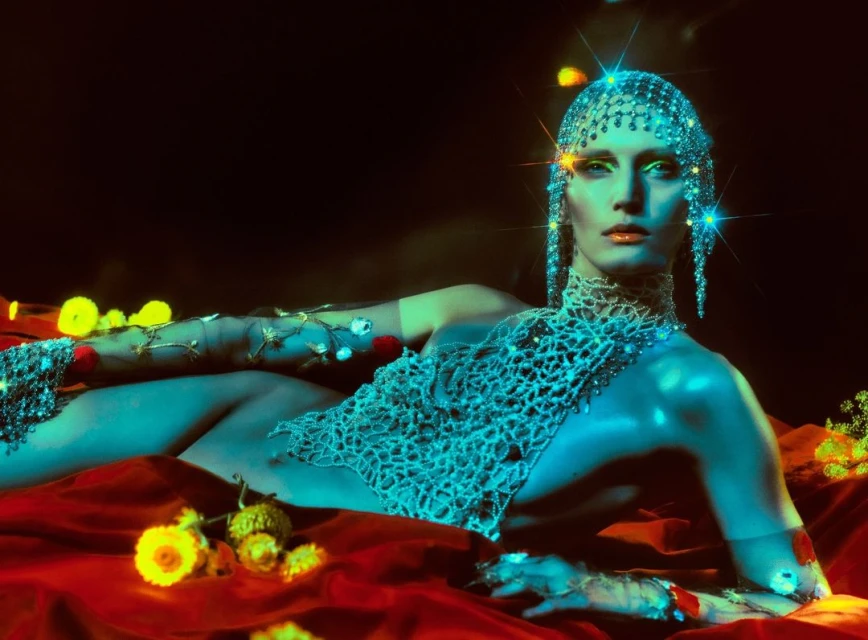 Fashionable woman lying down, adorned with jewels and flowers, in a red fabric setting with a dark background, striking a pose.