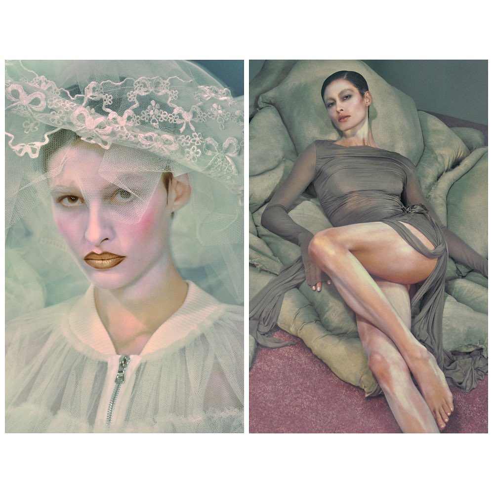 Split image: woman with pale skin, lace veil; woman lying on pillows in grey dress. Fashion and beauty editorial portrait.