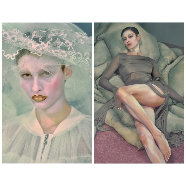 Split image: woman with pale skin, lace veil; woman lying on pillows in grey dress. Fashion and beauty editorial portrait.