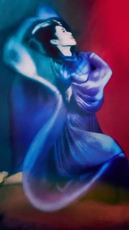 Woman in a flowing blue dress and matching hat poses indoors against a vibrant blue and red backdrop in a studio shot.