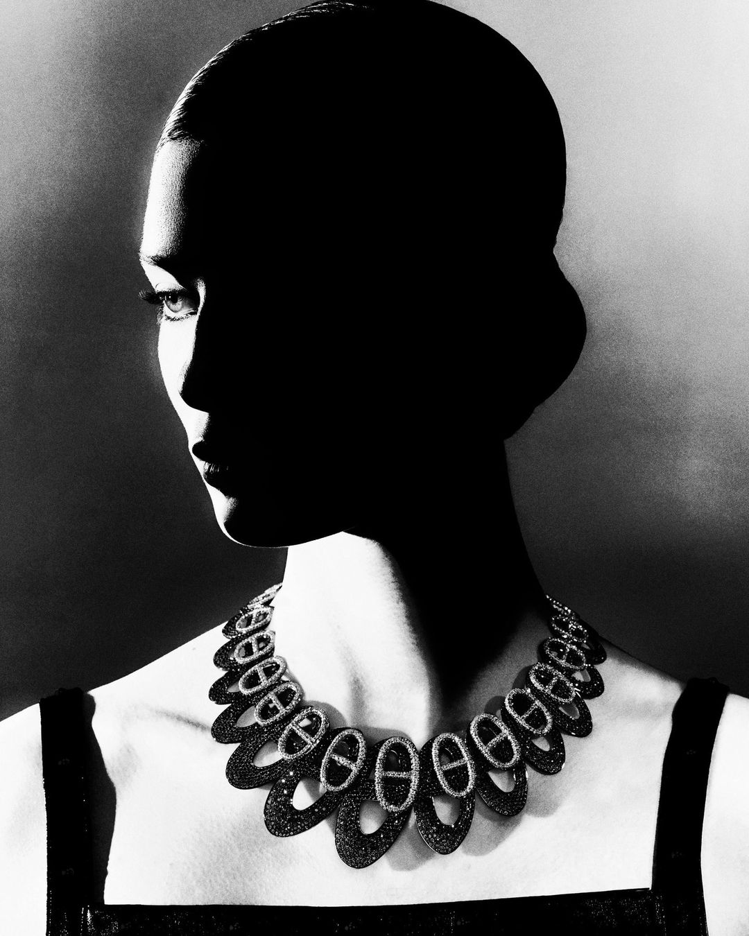 Monochrome portrait of a woman wearing a heavy jewelled link necklace and dark top, captured in high contrast lighting.