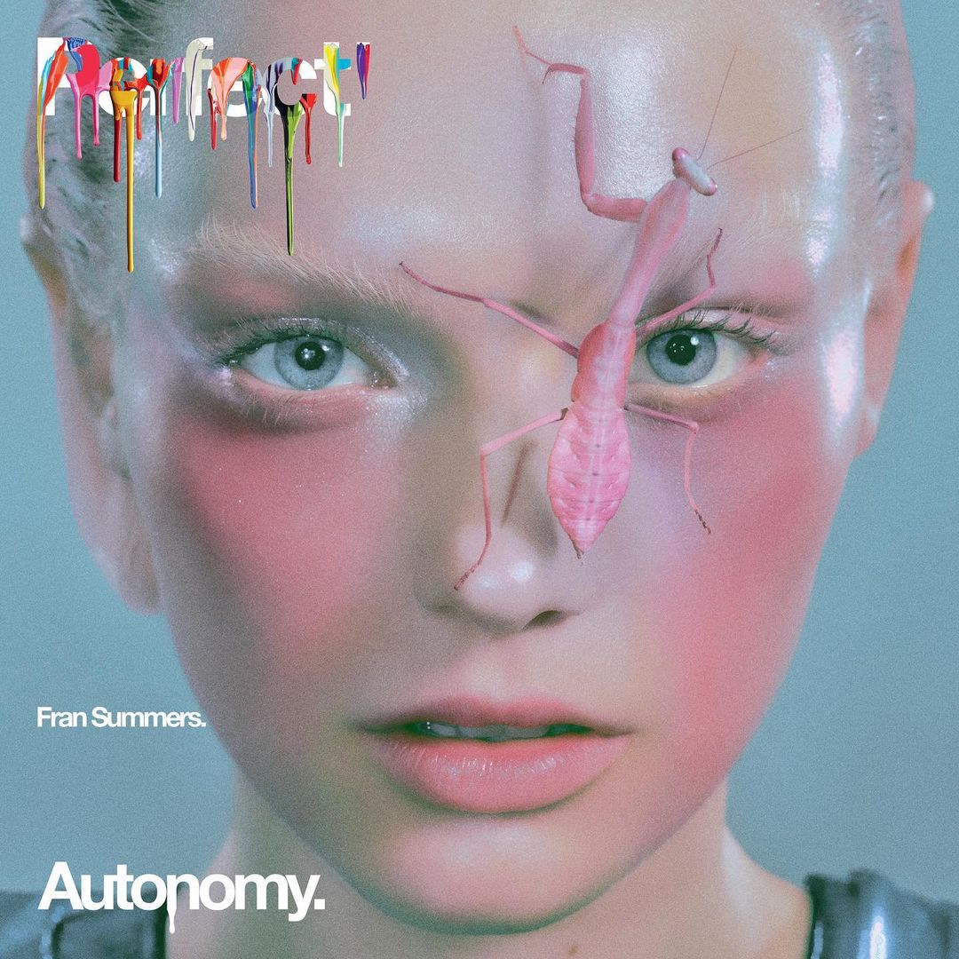 Striking portrait of a fair-skinned woman with a pink mantis on her face, complemented by a futuristic aesthetic and bold text.