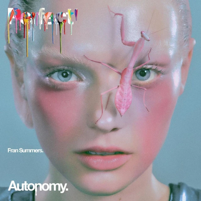 Striking portrait of a fair-skinned woman with a pink mantis on her face, complemented by a futuristic aesthetic and bold text.