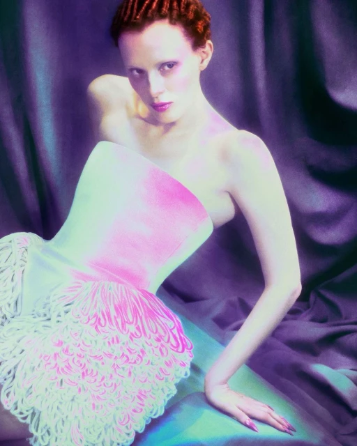 Adult female with red hair poses in a light pink strapless corset dress with fringe detail, set against a purple draped background.