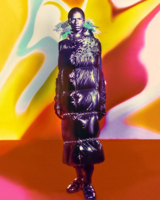 Black male model stands in a glossy black puffer coat with green floral accents, posing in a studio against a vibrant, abstract background.