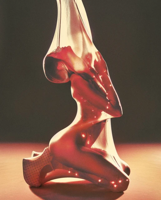 Abstract image of a woman kneeling, draped in semi-transparent material with red light accents, on a reflective surface.