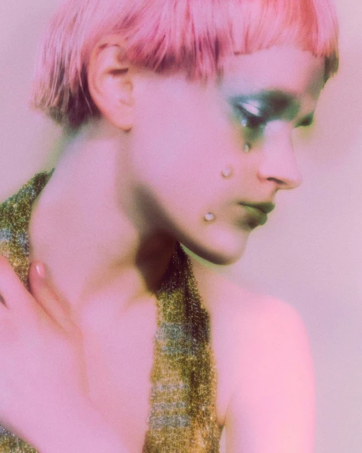 Woman with pink hair and artistic makeup looks down, wearing a gold shimmery top in a studio setting with soft, diffused lighting.