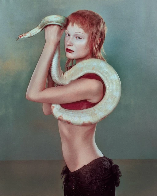 An androgynous model with pale skin and orange hair poses with a large albino snake draped around the shoulders, against a muted background.